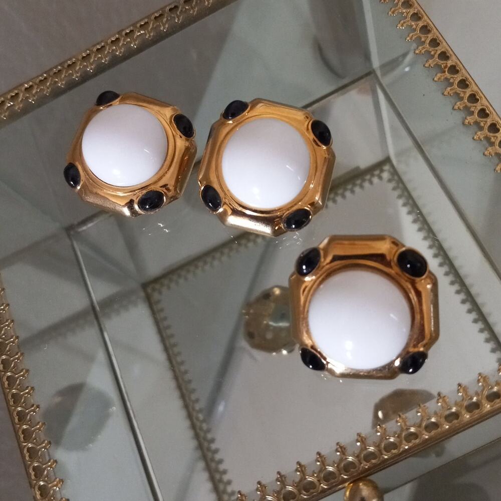 Vintage CINER Gold-Tone, White/Black Cabochon Earrings & Necklace Enhancer